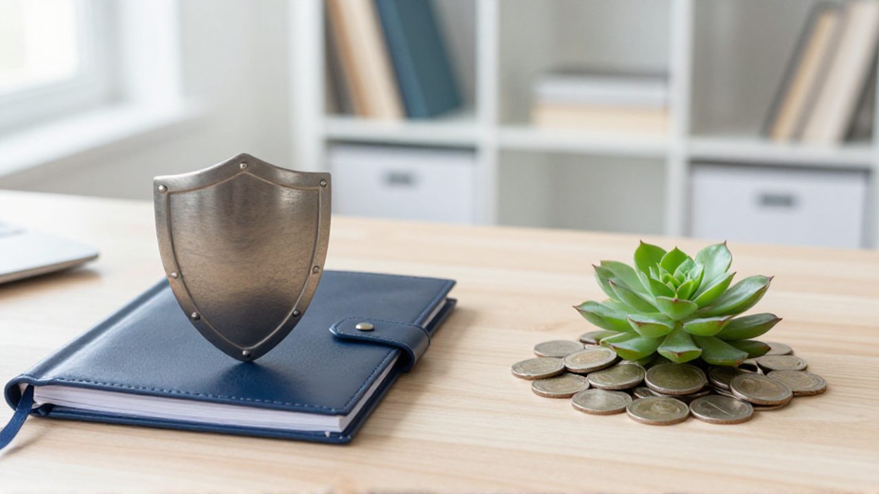 Un escudo metálico junto a una agenda sobre un escritorio de madera junto a una pequeña planta creciendo sobre una pila de monedas.