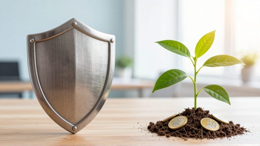 Un escudo metálico junto a una planta creciendo sobre monedas de oro para representar la comparación entre seguridad financiera y crecimiento de capital.