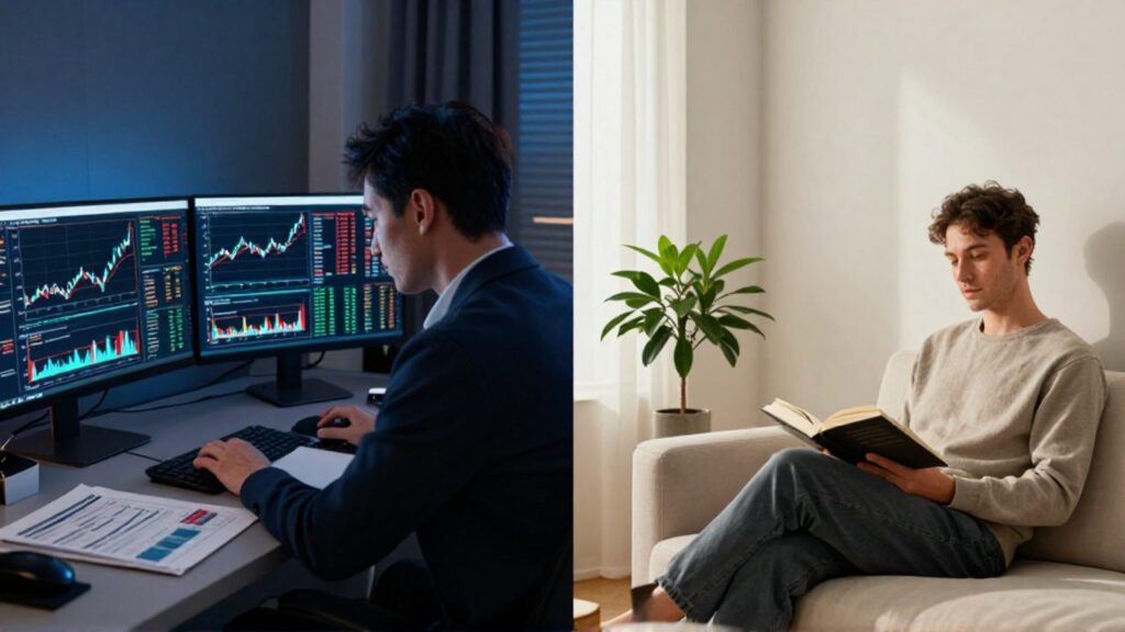 Comparativa visual entre un inversor analizando gráficos financieros en un entorno de oficina oscuro y un individuo leyendo tranquilamente en una sala iluminada y minimalista.