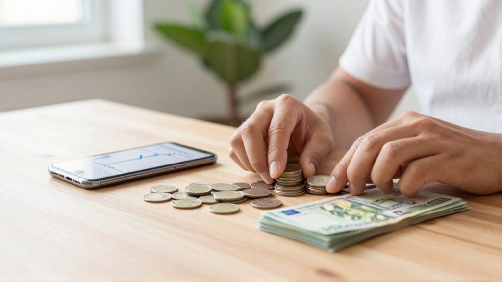 Manos organizando monedas y billetes sobre un escritorio de madera junto a un smartphone que muestra un gráfico de crecimiento financiero.