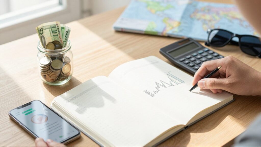 Un escritorio organizado con un cuaderno de presupuesto, una calculadora, un teléfono con una aplicación de ahorros y un frasco con monedas y billetes.