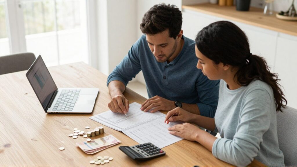 Una familia planifica sus finanzas juntas sobre una mesa de madera con una agenda, una calculadora y dinero.