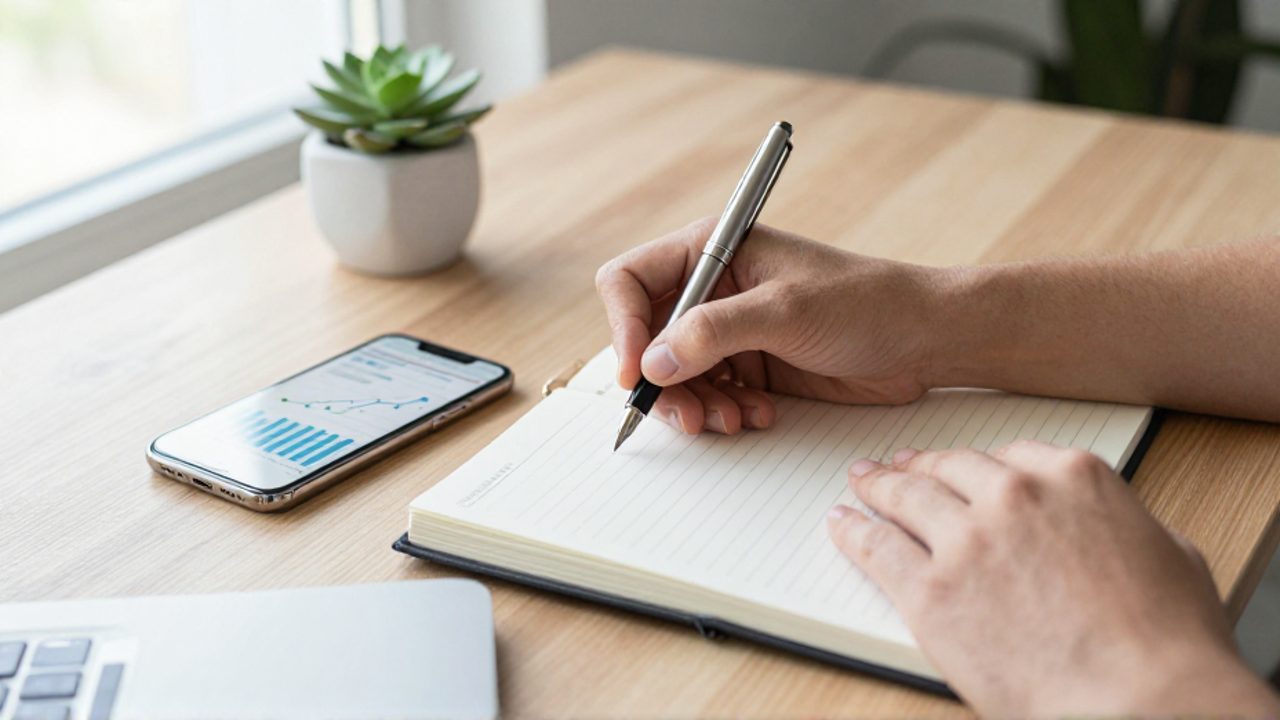 Manos organizando un espacio de trabajo minimalista mientras escriben notas en una agenda junto a un smartphone que muestra un gráfico de crecimiento de ahorros.