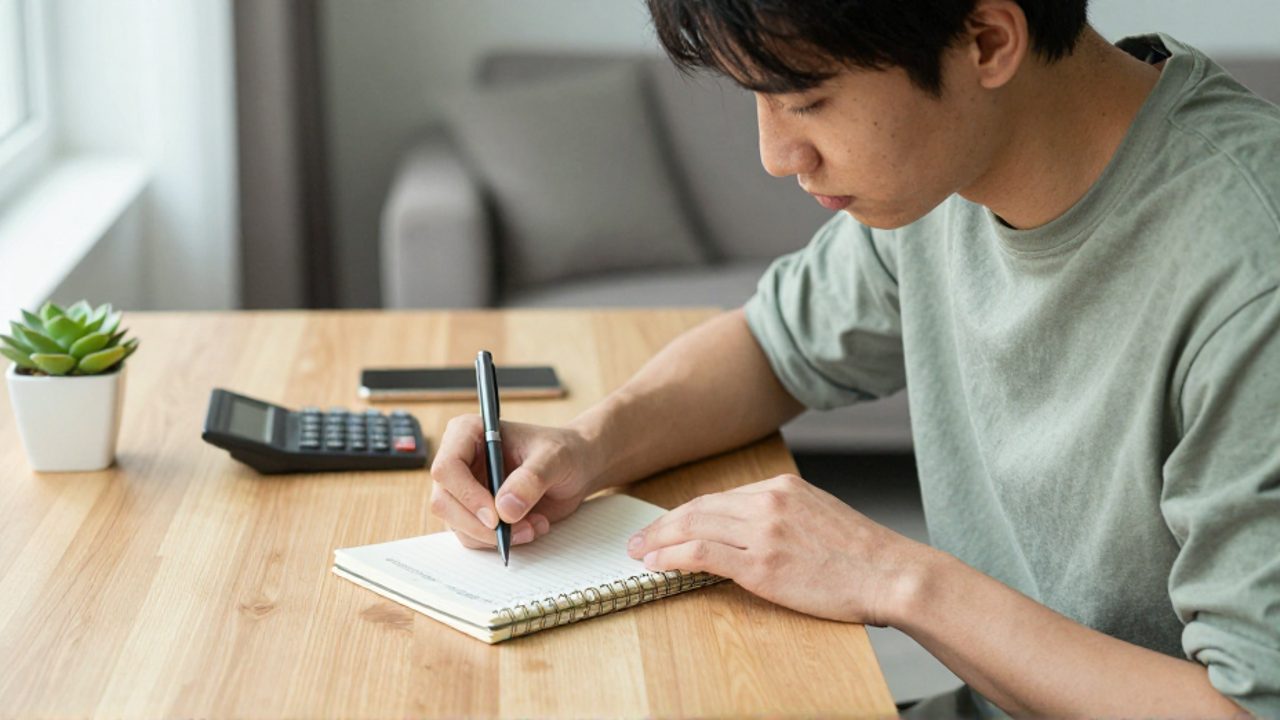 Persona concentrada escribiendo una lista de compras organizada en una libreta sobre un escritorio ordenado.