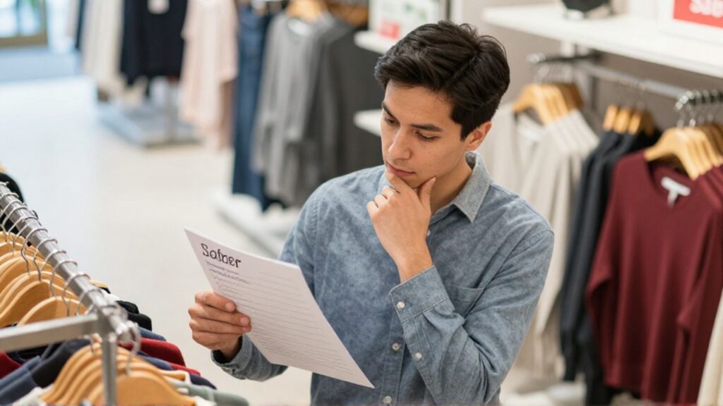 Persona en una tienda de ropa consultando una lista de compras antes de decidir qué prenda llevar.