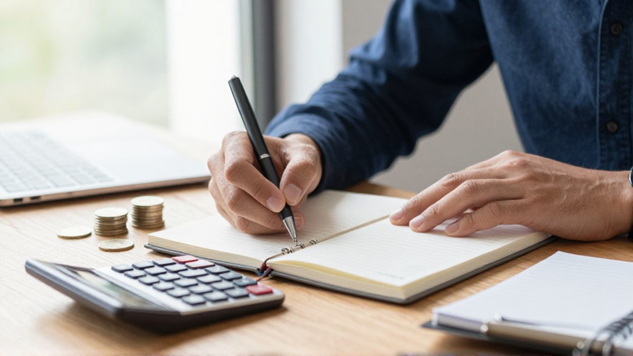 Manos organizando una libreta, una calculadora y unas monedas sobre un escritorio de madera para realizar cálculos financieros.