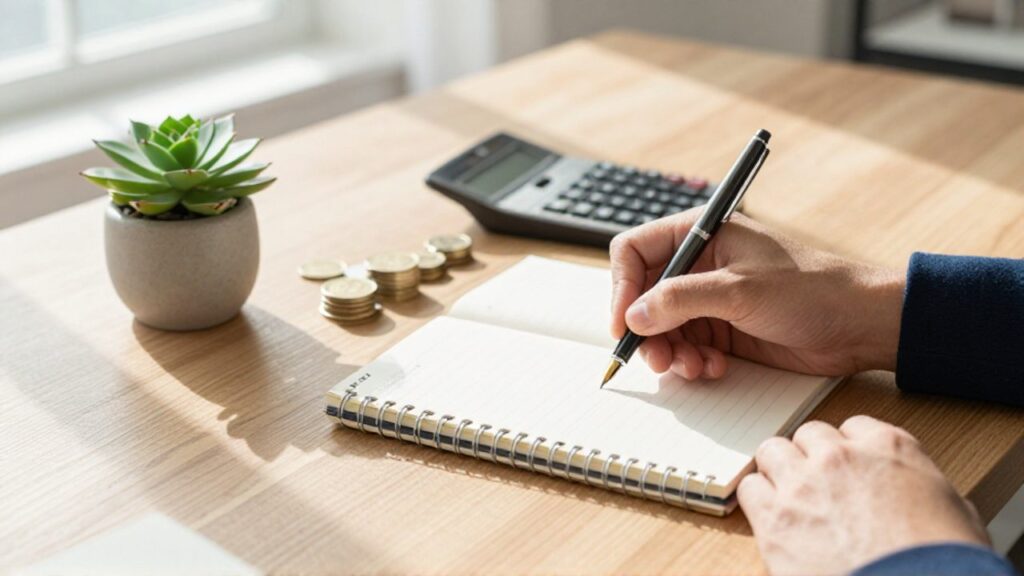 Manos escribiendo en un cuaderno sobre un escritorio organizado con monedas y una calculadora bajo luz natural.