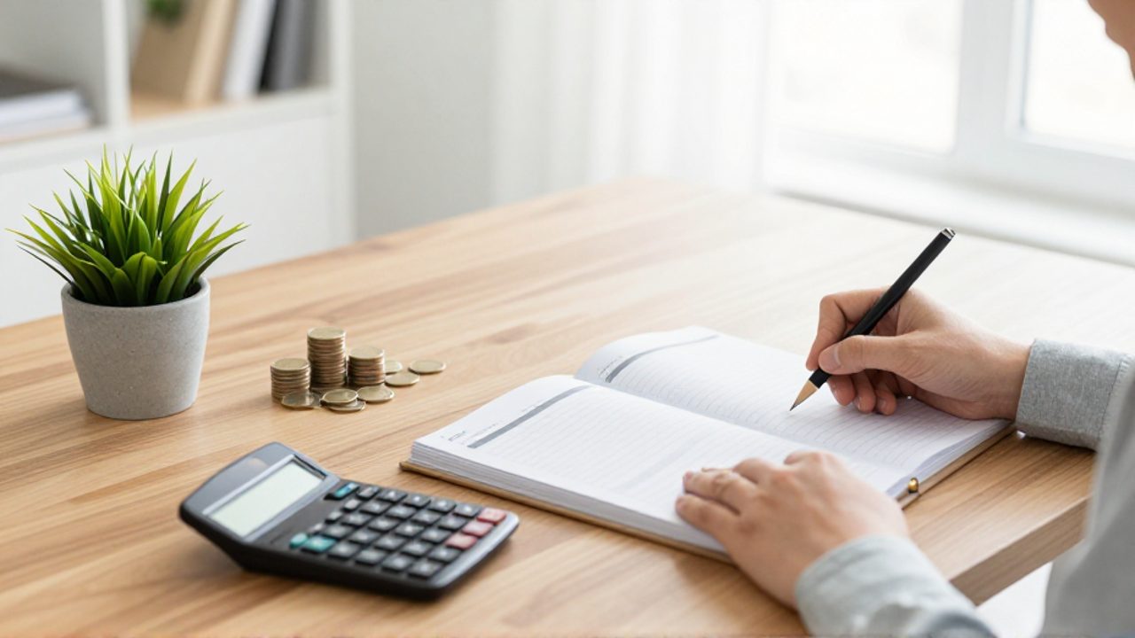 Persona revisando un planificador financiero junto a una calculadora y una pequeña pila de monedas sobre un escritorio de madera ordenado.