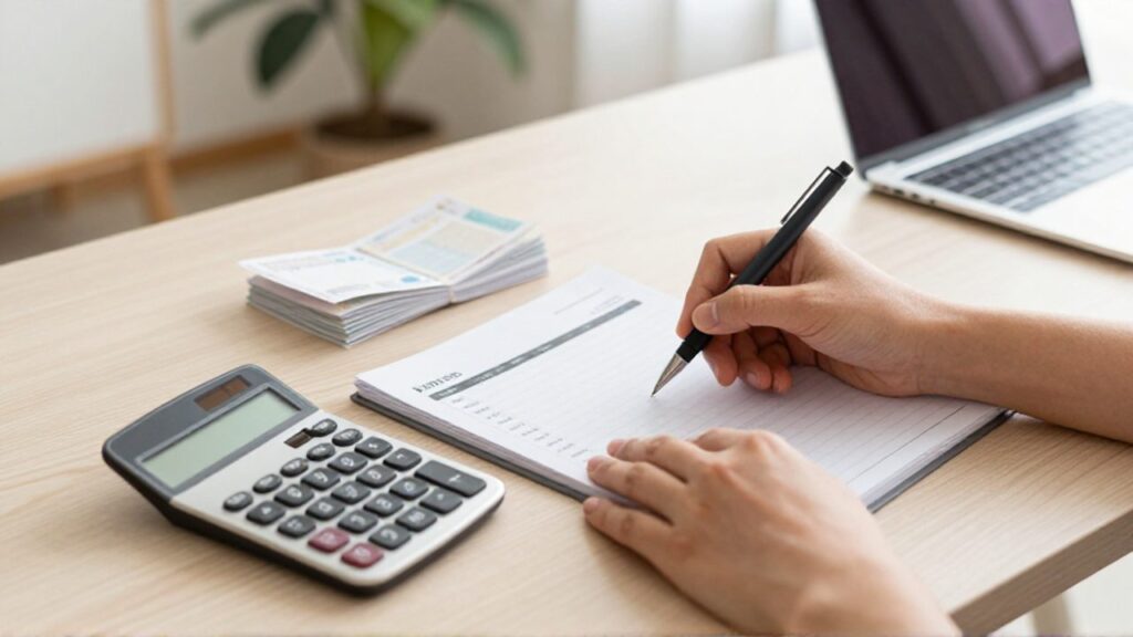 Manos organizando un planificador de presupuesto junto a una calculadora y recibos sobre un escritorio luminoso.