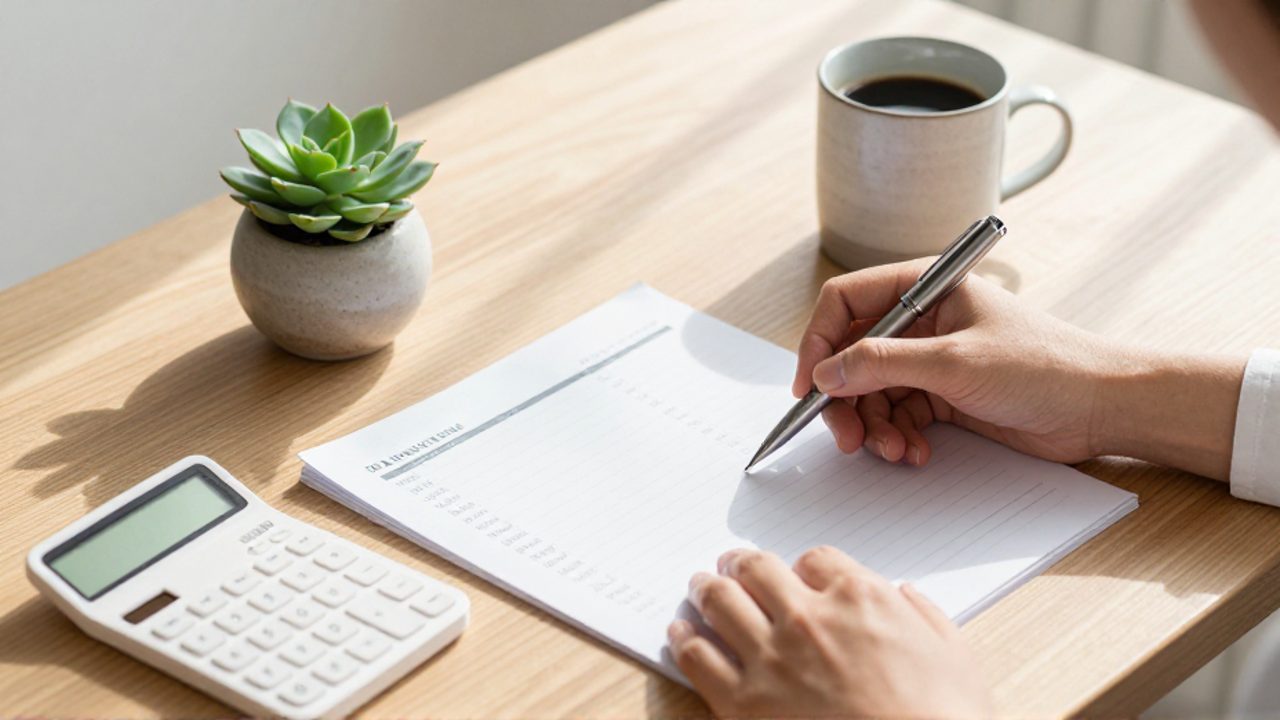 Manos de una persona organizando una planificación financiera sobre un escritorio con una calculadora, una agenda y una taza de café.
