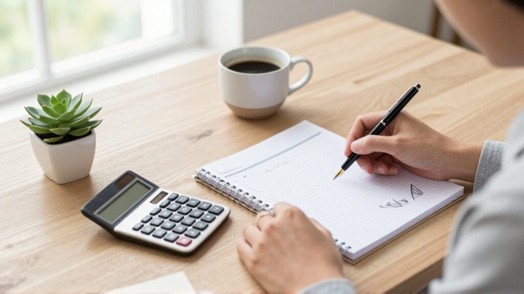 Persona organizando el presupuesto mensual con una calculadora, un planificador con gráficos y una taza de café sobre un escritorio de madera.