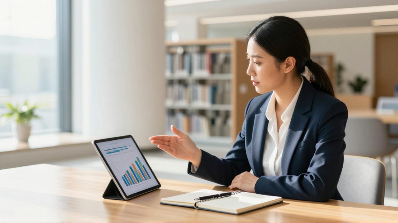 Una asesora financiera explica conceptos a un cliente en una oficina luminosa con un entorno institucional de fondo.