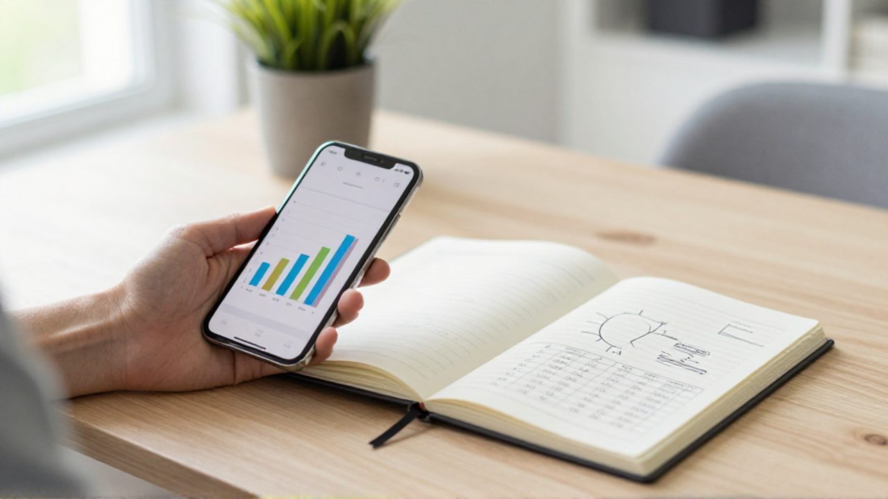 Persona comparando un gráfico financiero en un smartphone con notas de presupuesto manuales sobre un escritorio de madera.