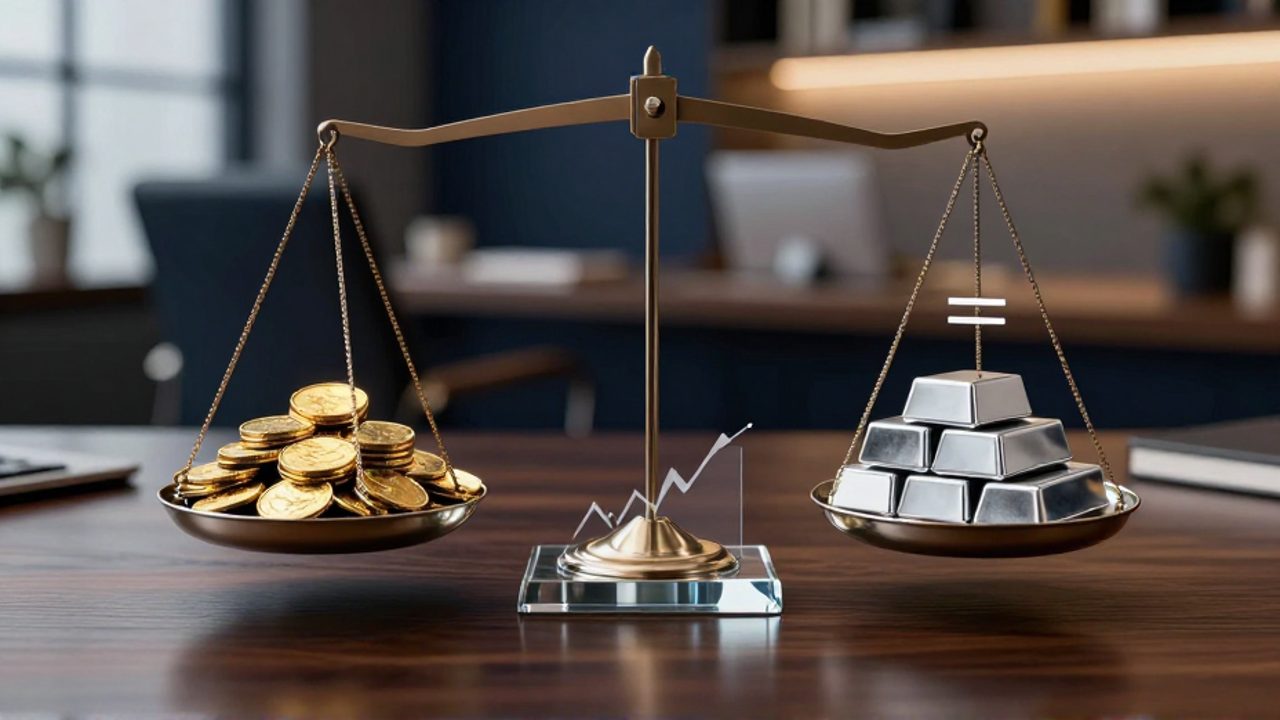 Dos balanzas de cristal sobre un escritorio comparan monedas de oro con un gráfico de líneas ascendente y volátil frente a lingotes de plata junto a una línea horizontal estable.
