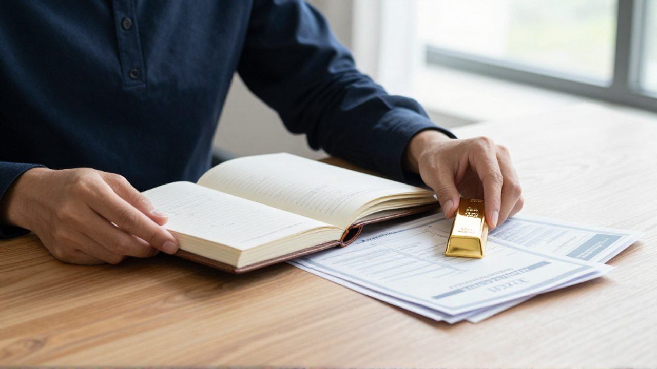 Manos organizando un portafolio de inversión sobre un escritorio, junto a un cuaderno con planes financieros, un pequeño lingote de oro y certificados de bonos.