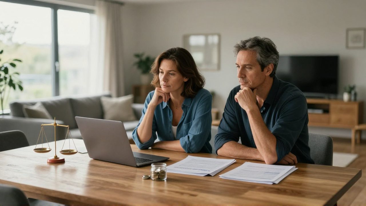 Pareja de mediana edad sentada a la mesa de un comedor luminoso, analizando documentos financieros y una computadora portátil con expresión de reflexión.