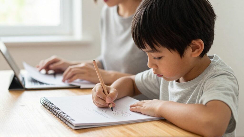 Un niño dibuja concentrado en su escritorio mientras un padre revisa documentos financieros en una tablet al fondo, en un entorno hogareño luminoso.