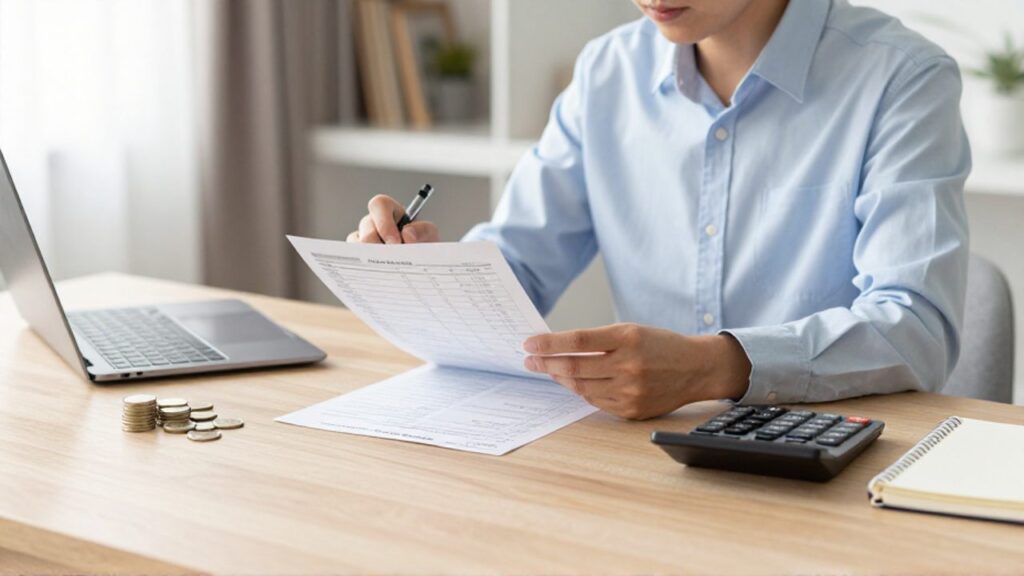 Persona sentada en un escritorio de madera revisando un recibo de nómina y usando una calculadora para realizar cálculos financieros.