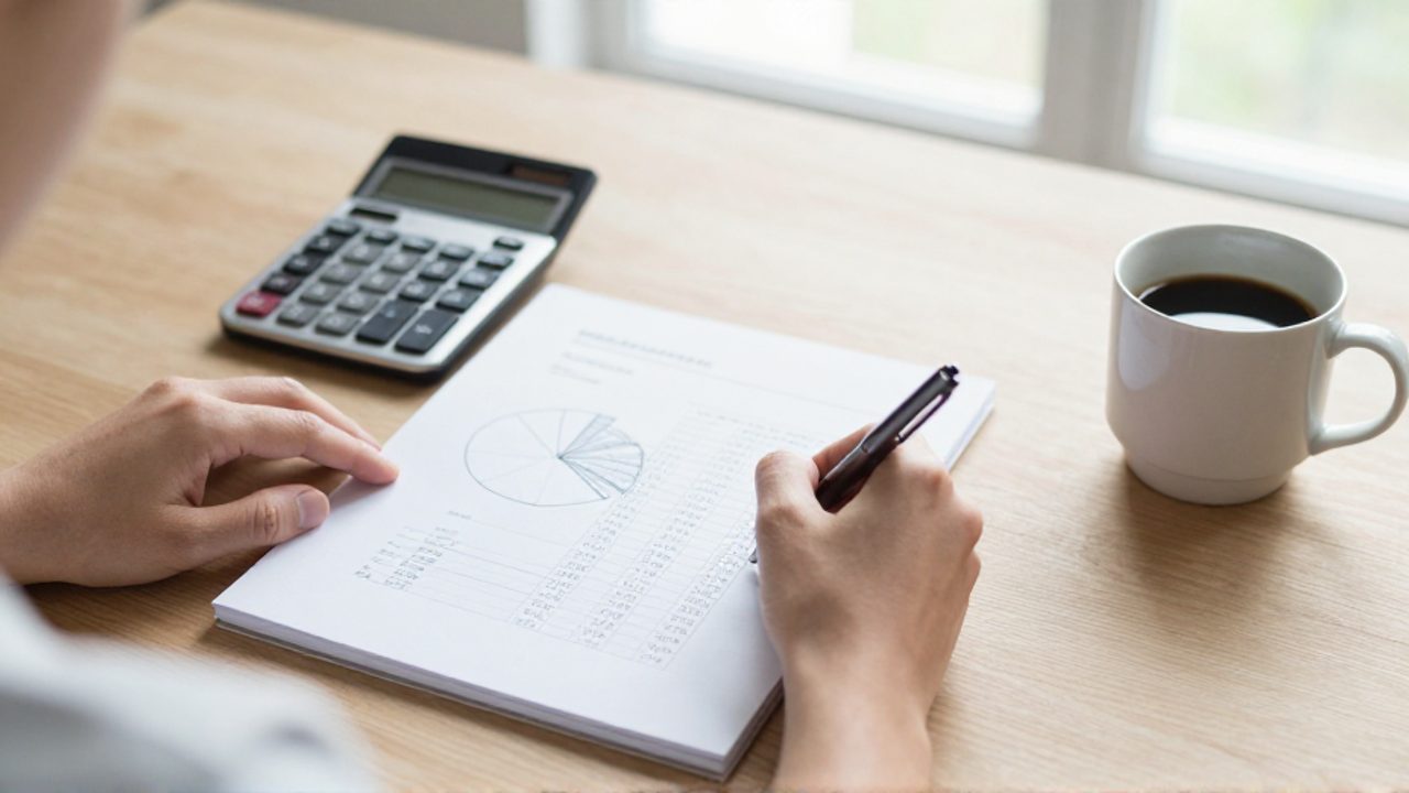 Manos organizando un cuaderno con un gráfico circular y números junto a una calculadora sobre un escritorio de madera.