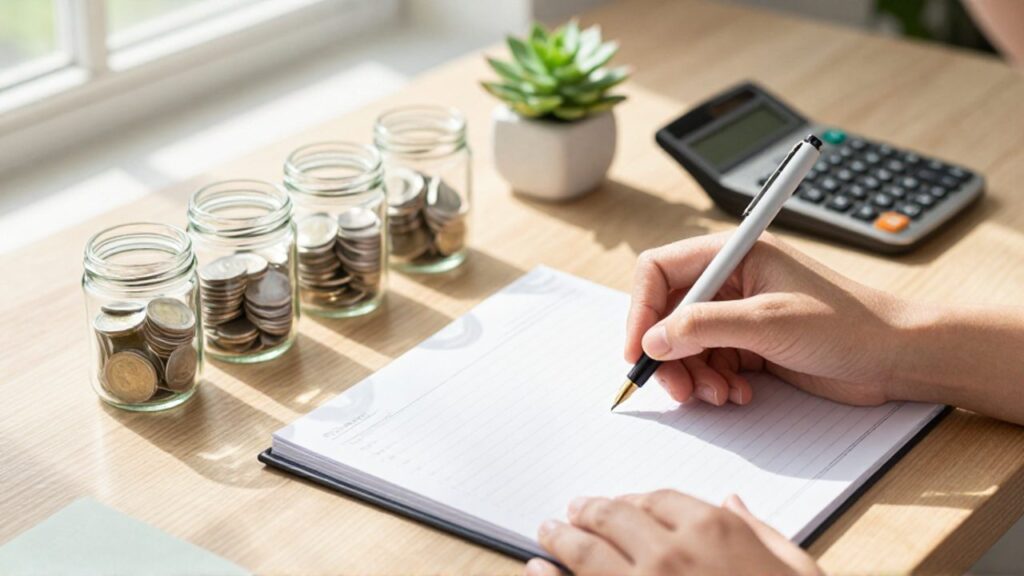 Manos escribiendo en un planificador sobre un escritorio con frascos de cristal que contienen monedas, simbolizando la planificación del ahorro.