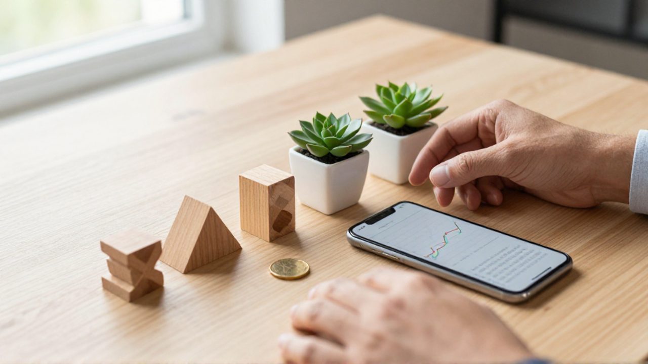 Manos organizando sobre un escritorio elementos simbólicos como una moneda, bloques de madera, una planta y un smartphone con un gráfico para representar una cartera de inversión diversificada.