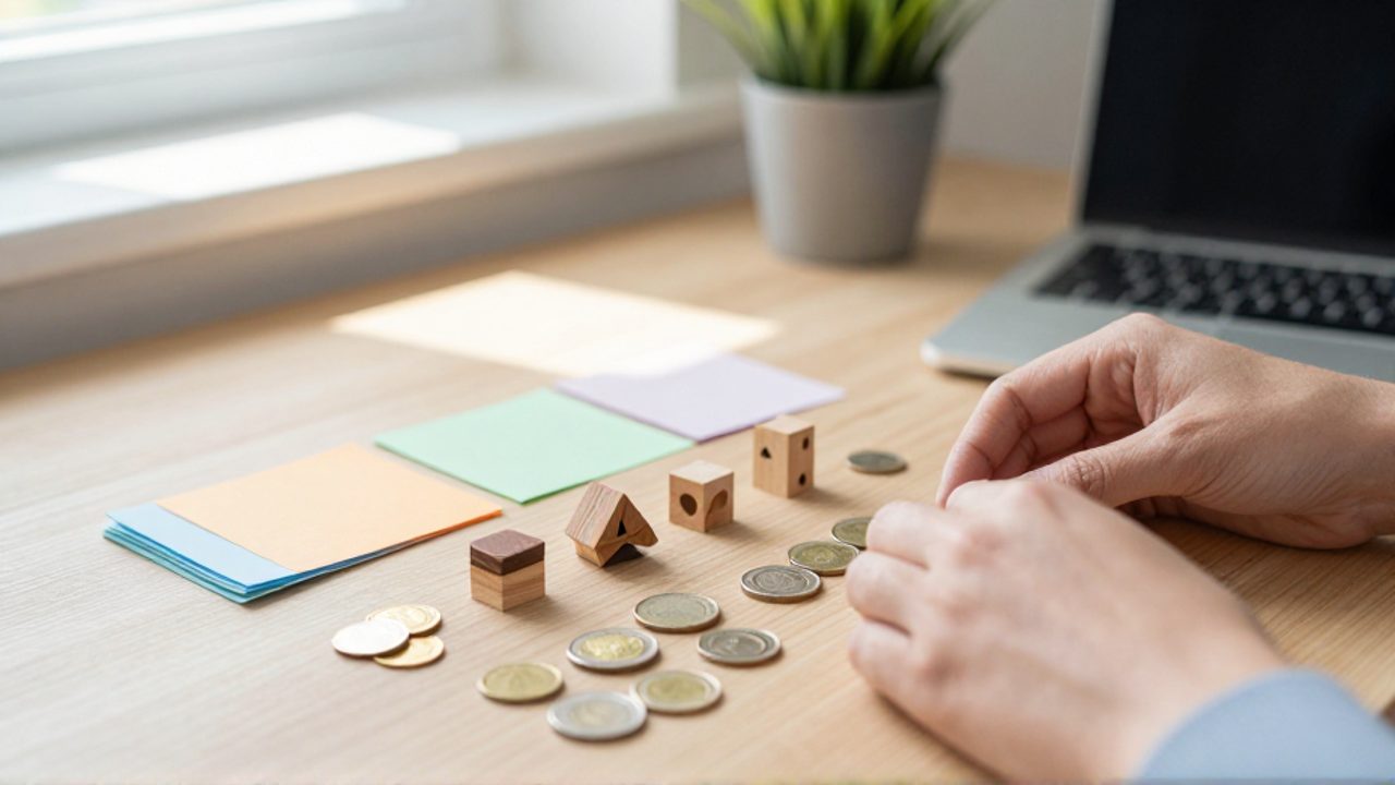 Manos organizando monedas, papeles de colores y piezas de madera sobre un escritorio para representar la distribución de activos.