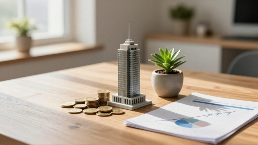 Colección de monedas de oro, una pequeña planta y gráficos financieros sobre un escritorio de madera que simbolizan la diversificación de inversiones.