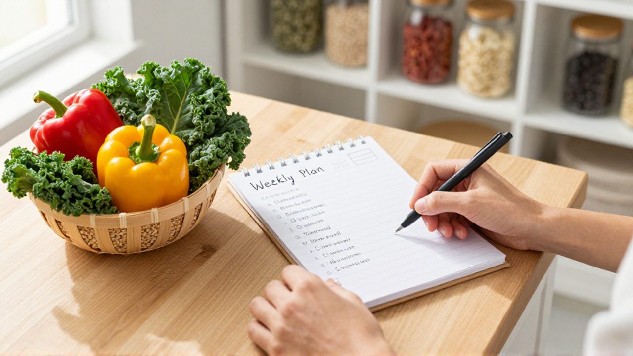 Manos organizando una lista de planificación de comidas junto a una cesta de verduras frescas y granos sobre una encimera de madera.