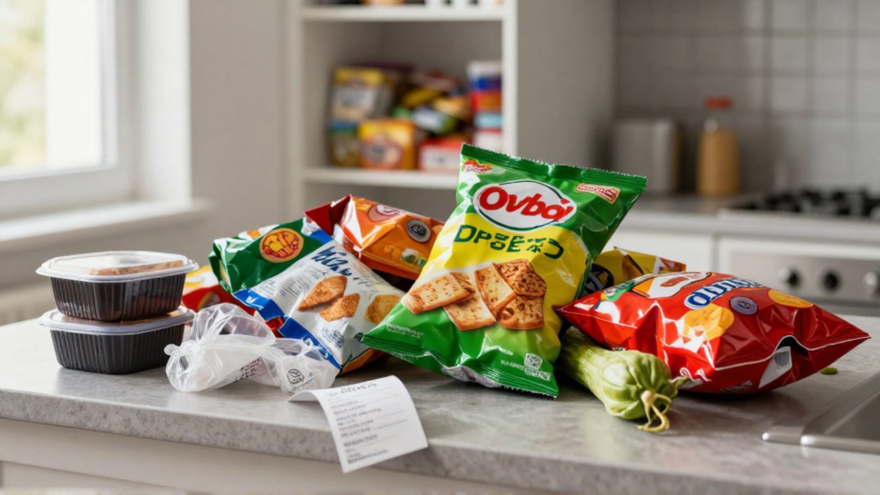 Encimera de cocina desordenada con bolsas de snacks procesados, envases de comida para llevar y un ticket de compra que reflejan un gasto excesivo en alimentos poco saludables.