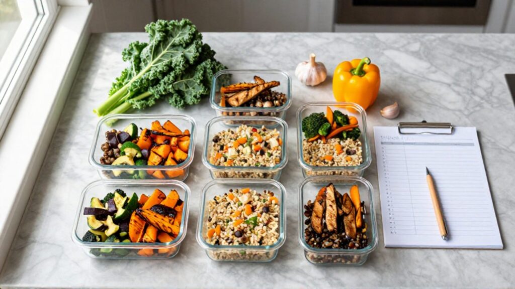 Variedad de recipientes de vidrio con comida saludable preparada y un planificador de menús sobre una encimera de cocina.