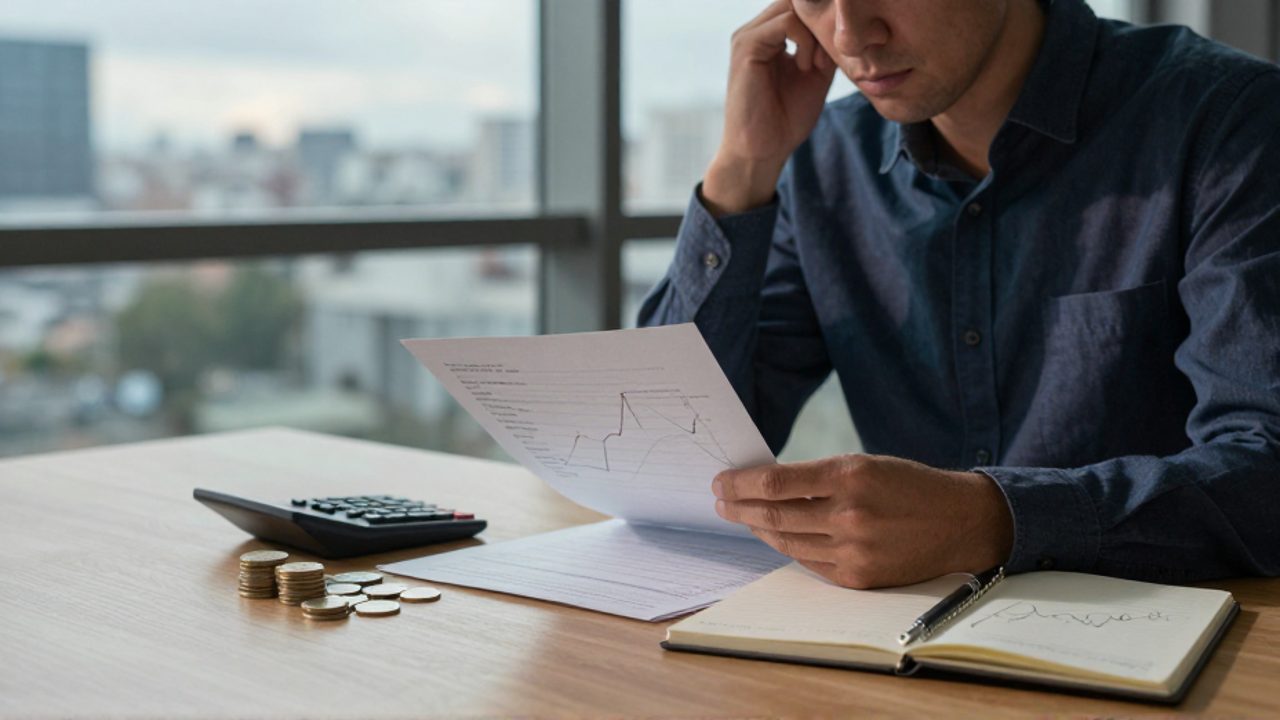 Persona profesional con expresión de preocupación revisando documentos financieros y una calculadora sobre un escritorio con gráficos de crecimiento.