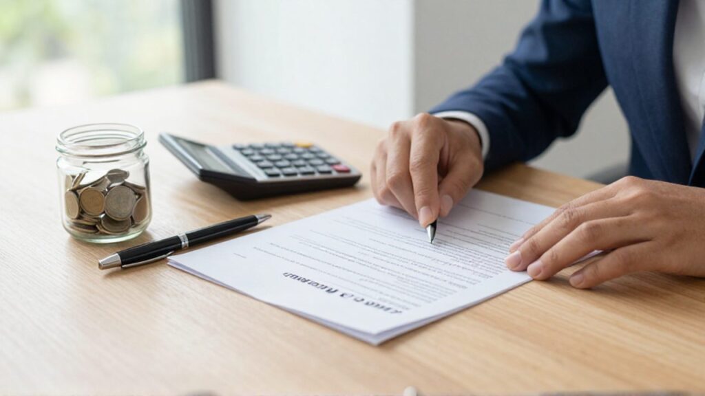 Manos revisando con atención un contrato de préstamo y una calculadora sobre un escritorio, junto a un pequeño frasco con pocas monedas.