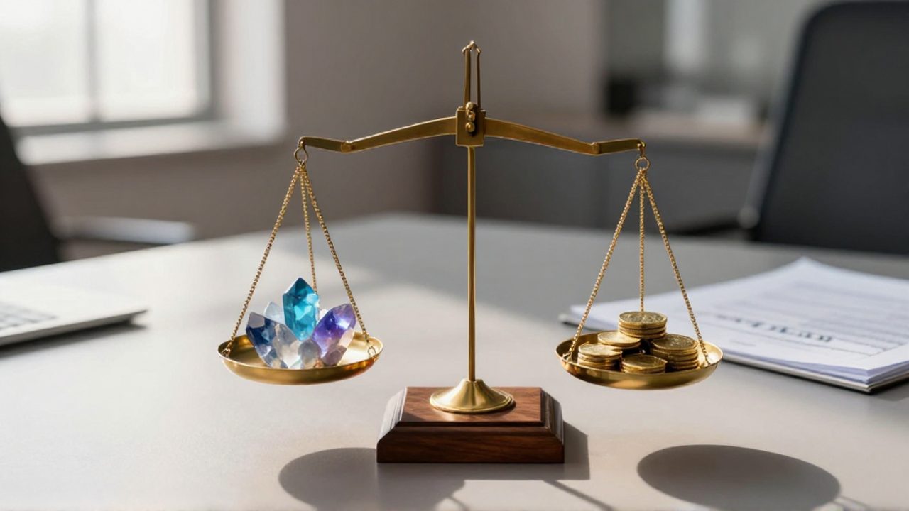 Una balanza de madera y latón equilibra formas de cristal brillantes que representan acciones frente a monedas de oro y un documento que simbolizan la estabilidad de los bonos.