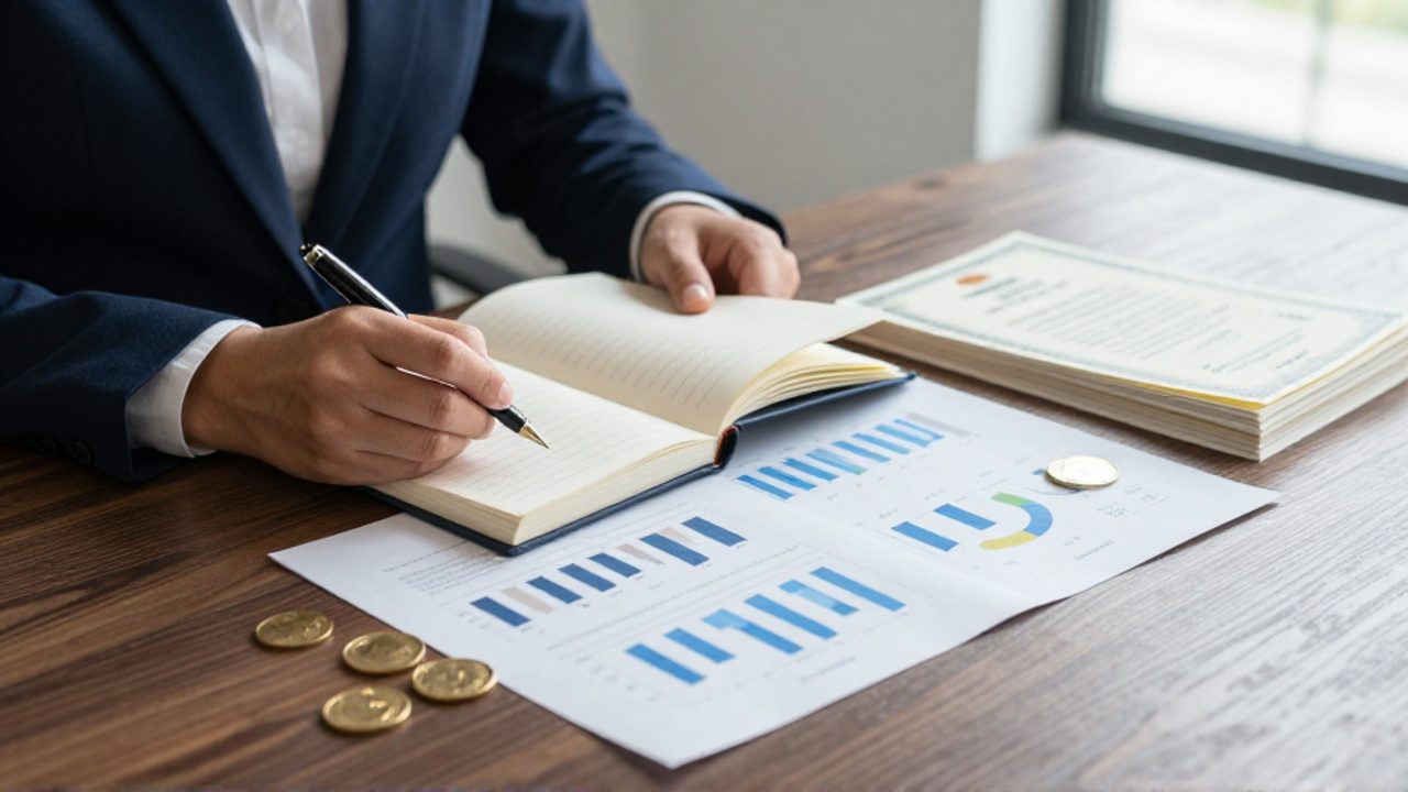Manos de un inversor organizando un portafolio financiero con gráficos, un libro de contabilidad y monedas de oro sobre un escritorio de madera.