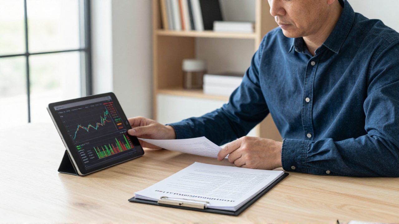 Inversionista comparando un gráfico de mercado en una tableta con un informe financiero impreso sobre un escritorio de oficina.