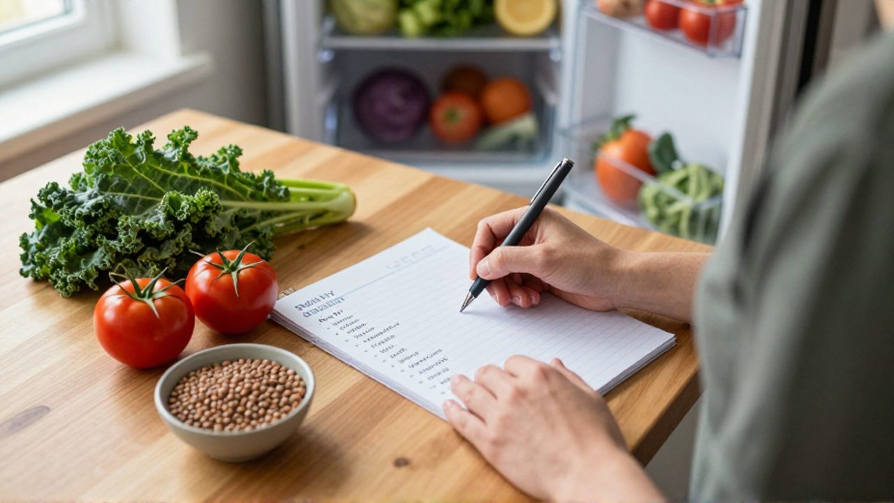 Una persona escribe un menú semanal en un planificador sobre una encimera de madera junto a vegetales frescos como kale y tomates.