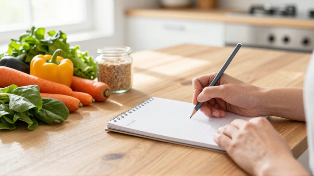 Manos escribiendo una lista de compras en un cuaderno sobre una encimera de madera junto a vegetales frescos y granos.