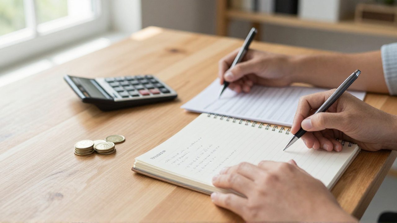 Manos organizando documentos financieros, una calculadora y una lista de prioridades escrita en un cuaderno sobre un escritorio de madera.