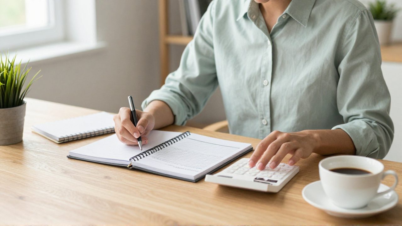 Persona sentada en un escritorio organizado revisando con calma un planificador financiero y una calculadora.
