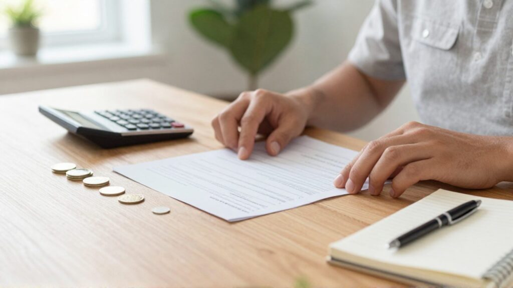 Manos organizando documentos y monedas sobre un escritorio de madera junto a una calculadora y un cuaderno.