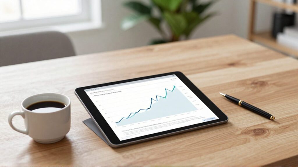 Una tableta sobre un escritorio de madera muestra un gráfico financiero con una tendencia ascendente constante, junto a una taza de café y un bolígrafo.