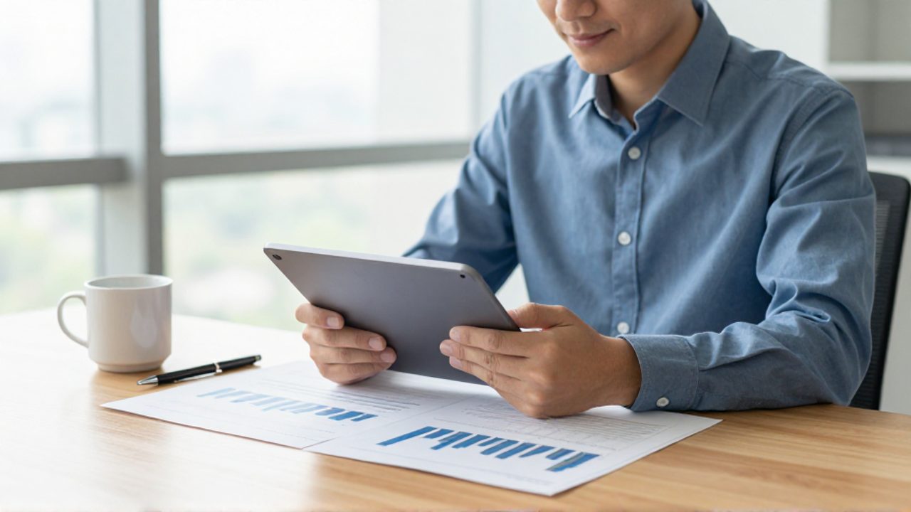 Persona profesional revisa con satisfacción un reporte financiero y una tableta con gráficos de crecimiento sobre un escritorio en una oficina luminosa.