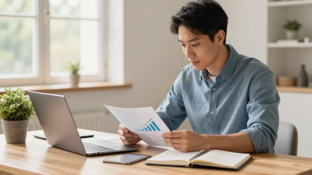 Persona joven revisando documentos financieros y un gráfico de crecimiento en una tableta sobre un escritorio organizado en una oficina iluminada.