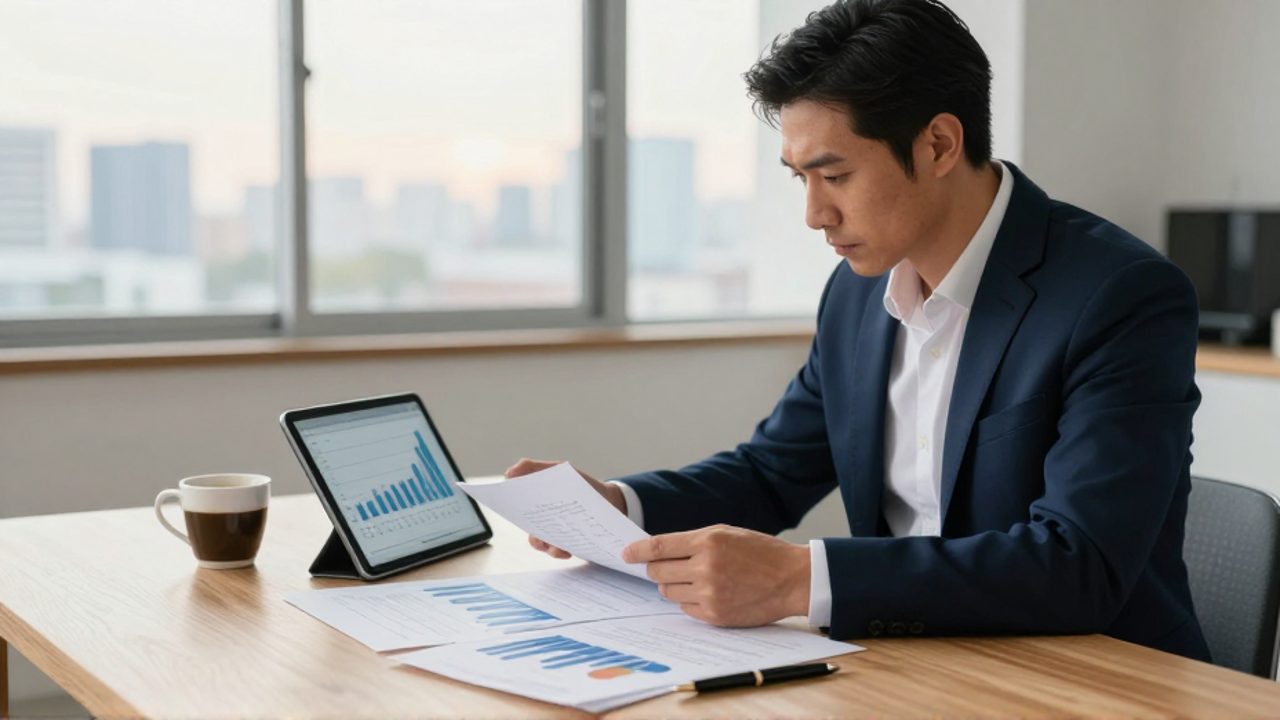 Inversor analizando gráficos financieros y una tableta con la evolución de una cartera en un despacho luminoso.