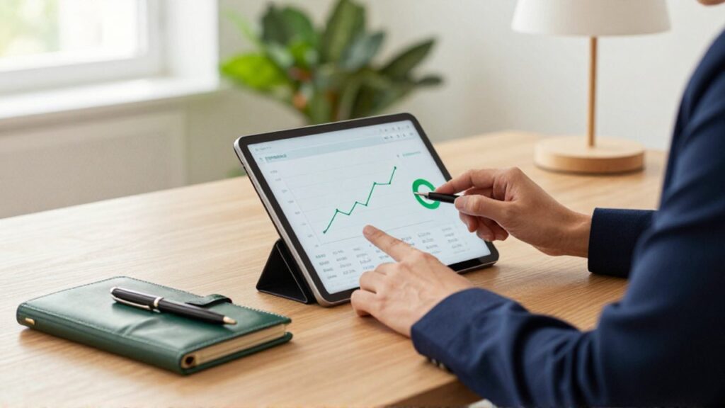 Manos organizando finanzas personales sobre un escritorio con una tableta que muestra un gráfico de crecimiento y un indicador de puntaje crediticio positivo.
