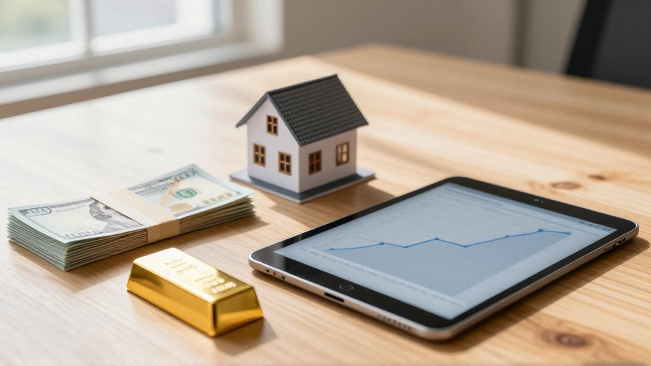 Diversos activos financieros como un lingote de oro, billetes, una maqueta de una casa y una tableta con un gráfico de crecimiento sobre un escritorio de madera.