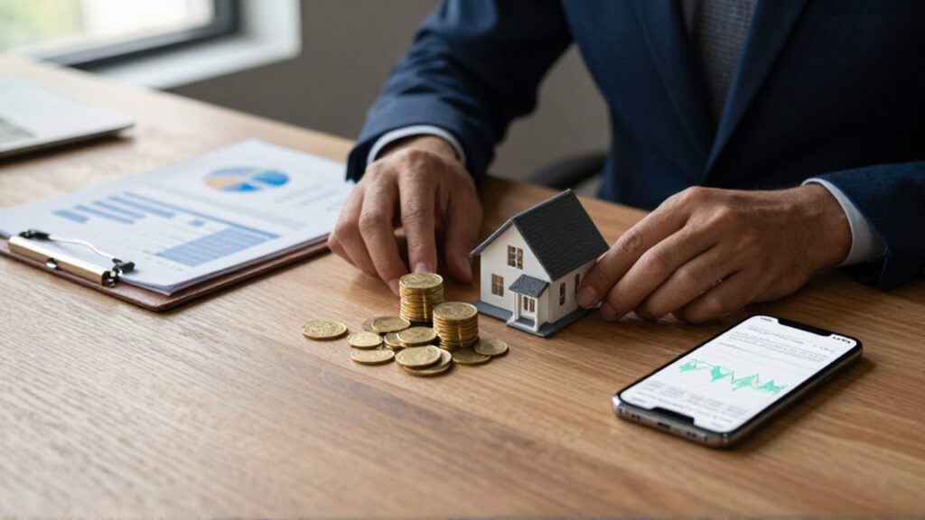 Manos organizando monedas de oro, una maqueta de una casa y gráficos financieros sobre un escritorio de madera.