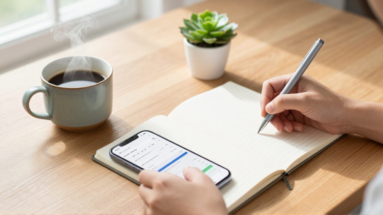Persona organizando sus finanzas en un escritorio con un cuaderno para anotar gastos y un teléfono con una aplicación de control financiero.