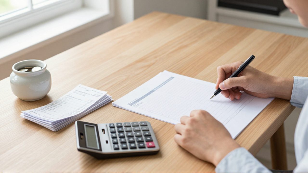 Persona organizando sus finanzas sobre un escritorio con una agenda, una calculadora, recibos y algunas monedas.