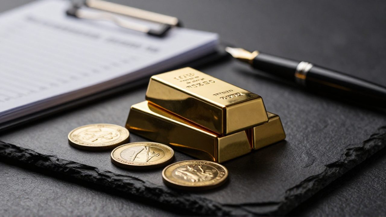 Lingotes y monedas de oro junto a un libro de contabilidad y un bolígrafo sobre una superficie oscura.
